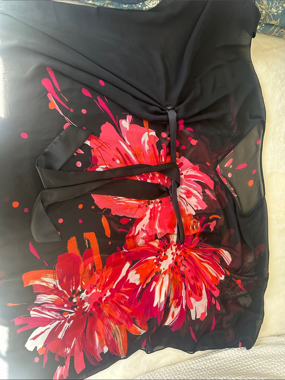 Black Floral Tie-Waist Sheer Top with Bold Pink & Red Blooms
